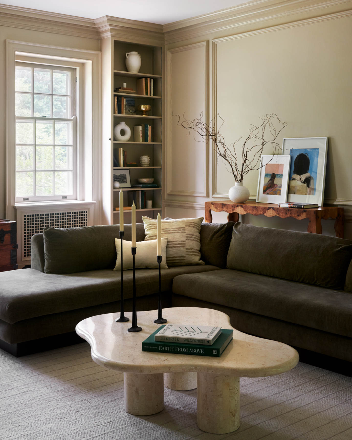 modern living room with taupe-beige walls
