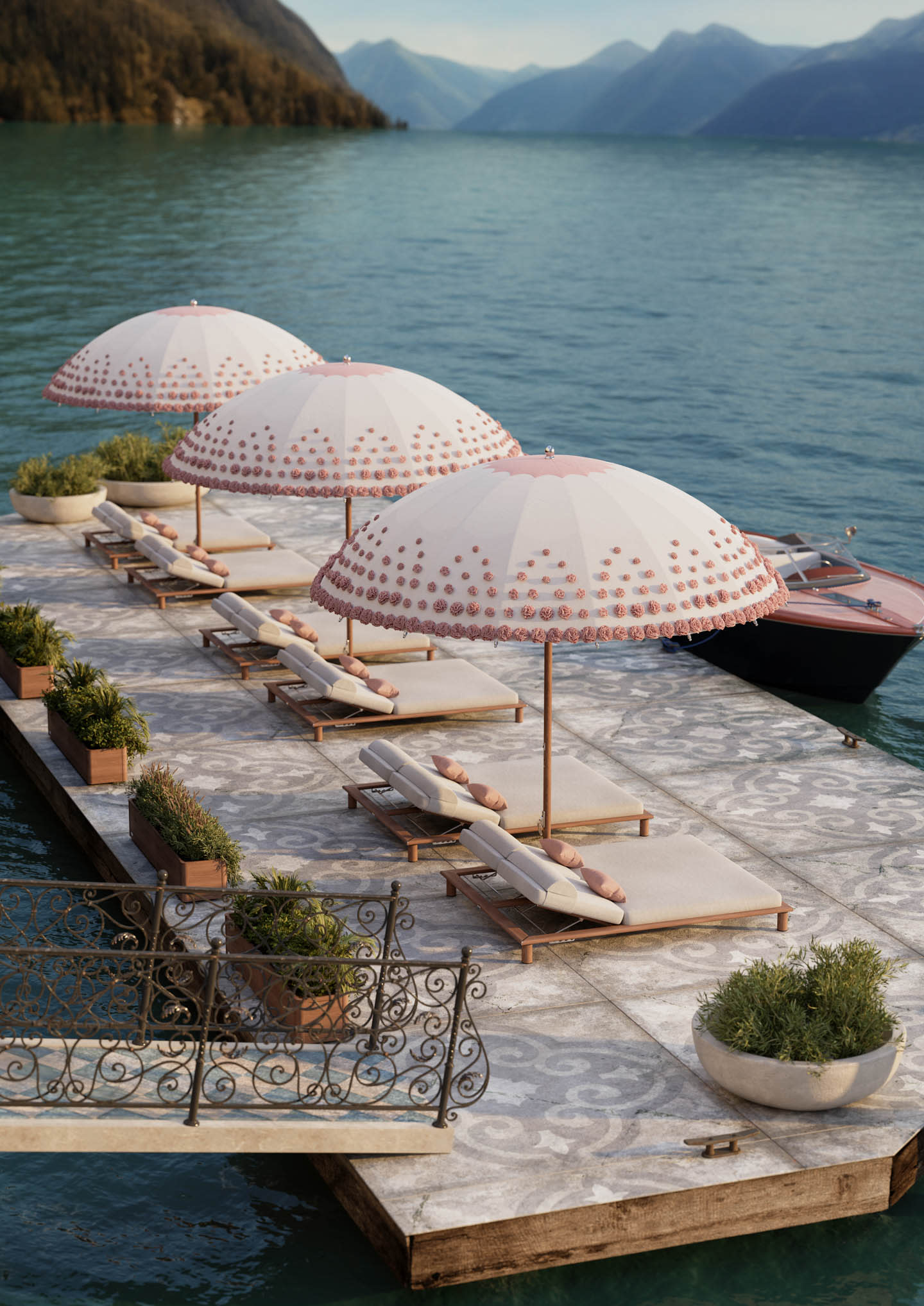 Tuuci umbrellas on a deck overlooking the ocean