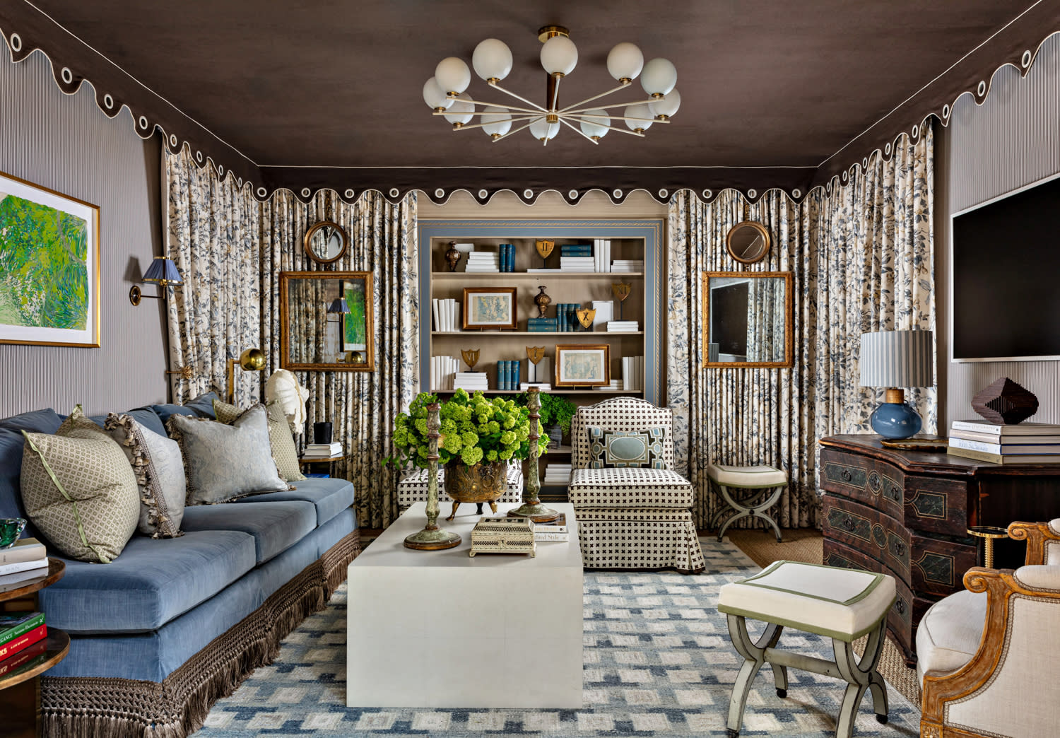 traditional living room with a tented brown fabric ceiling